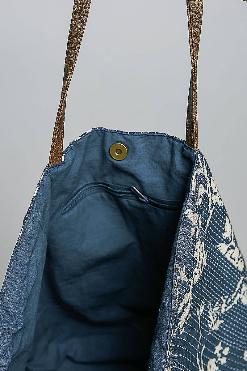 Contrast Trim Textured Woven Denim Tote Bag