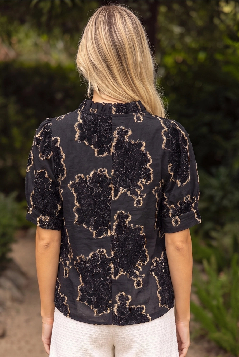 Ruffled V-Neck Textured Burnout Velvet Top
