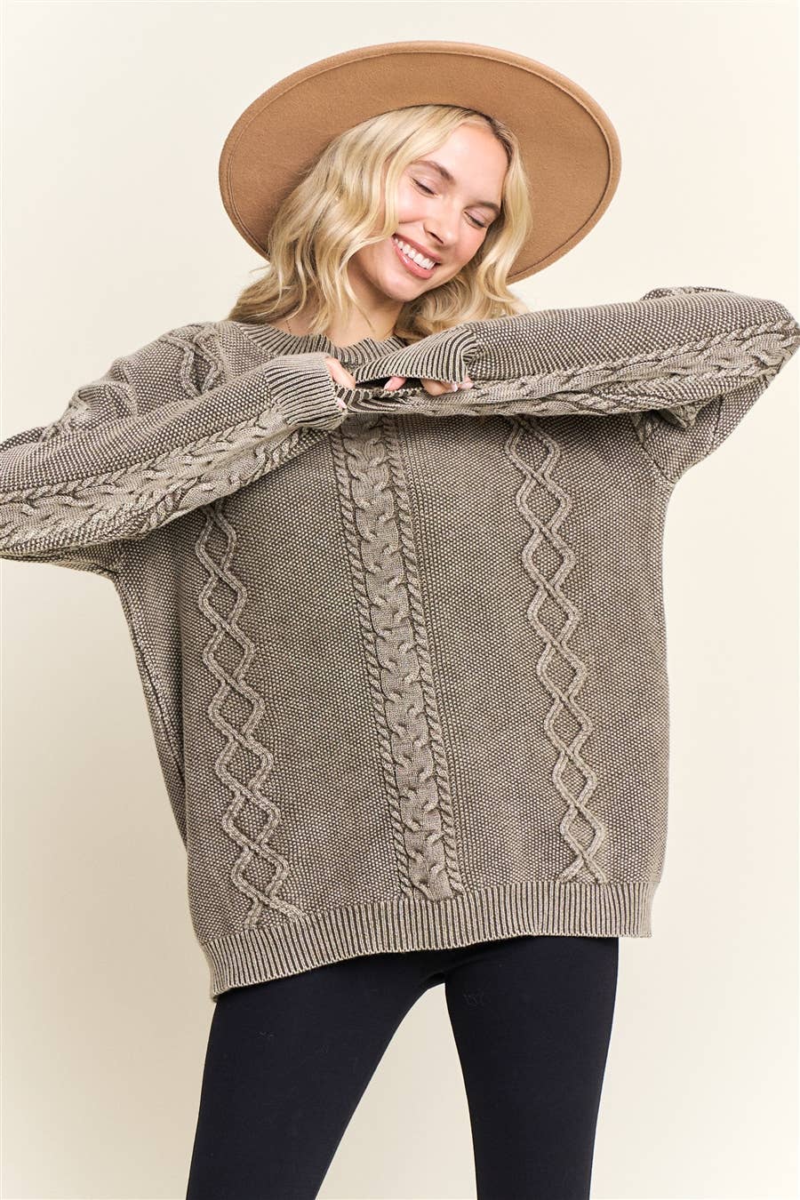 COFFEE VINTAGE WASH CABLE KNIT PULLOVER SWEATER