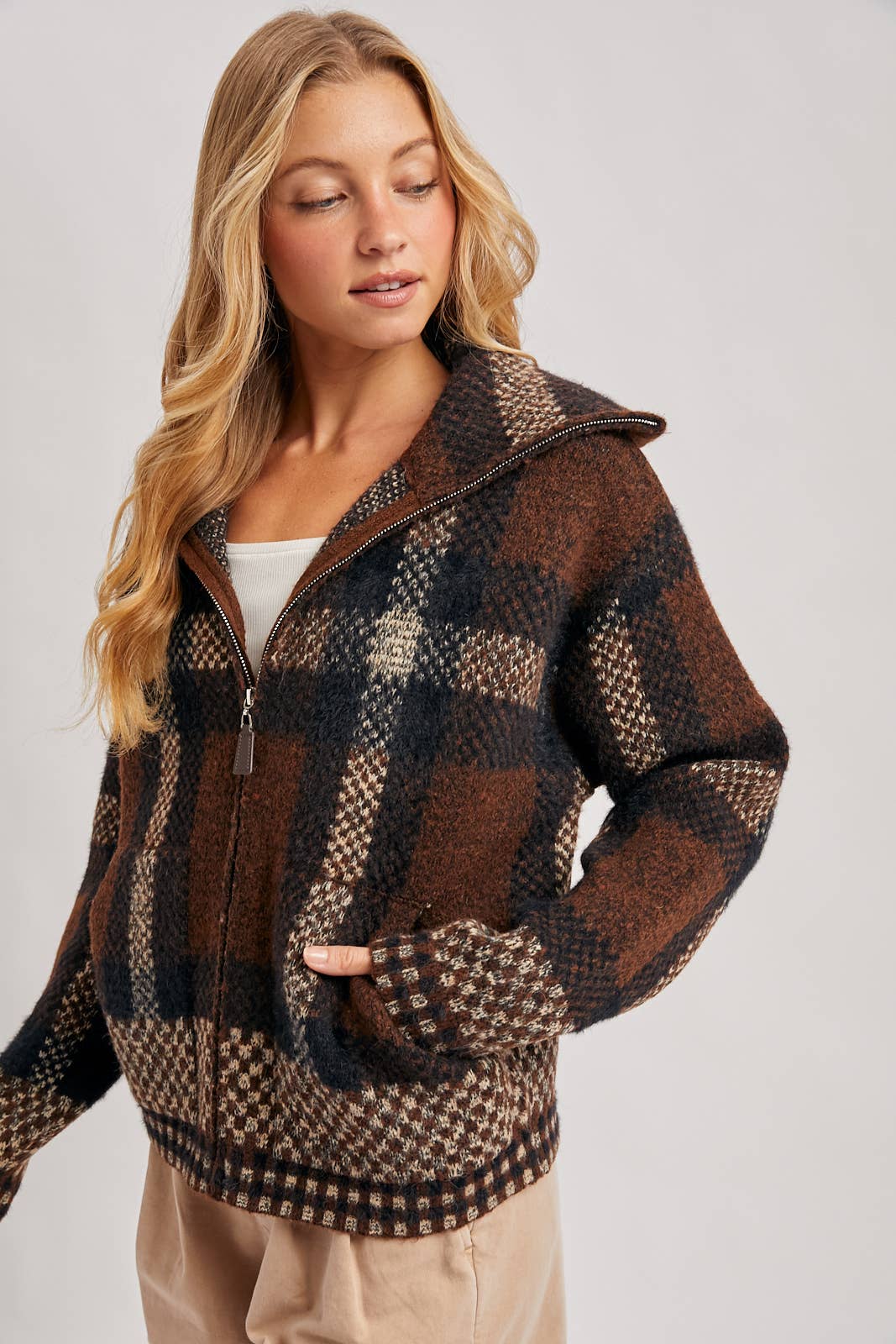 PLAID ZIPPER FRONT WIDE COLLAR FUZZY KNIT SWEATER JACKET