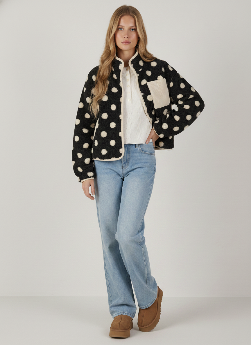 OVERSIZED REGLAN SLEEVE POLKA DOT FLEECE JACKET