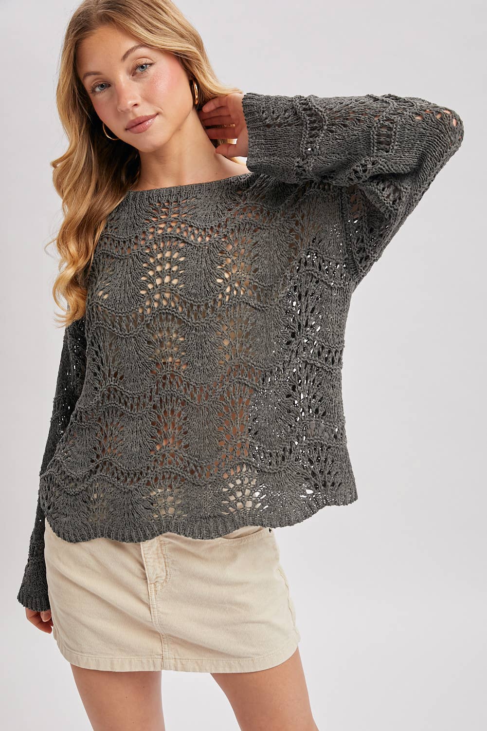 BOAT NECK SCALLOPED HEM OPEN KNIT SWEATER