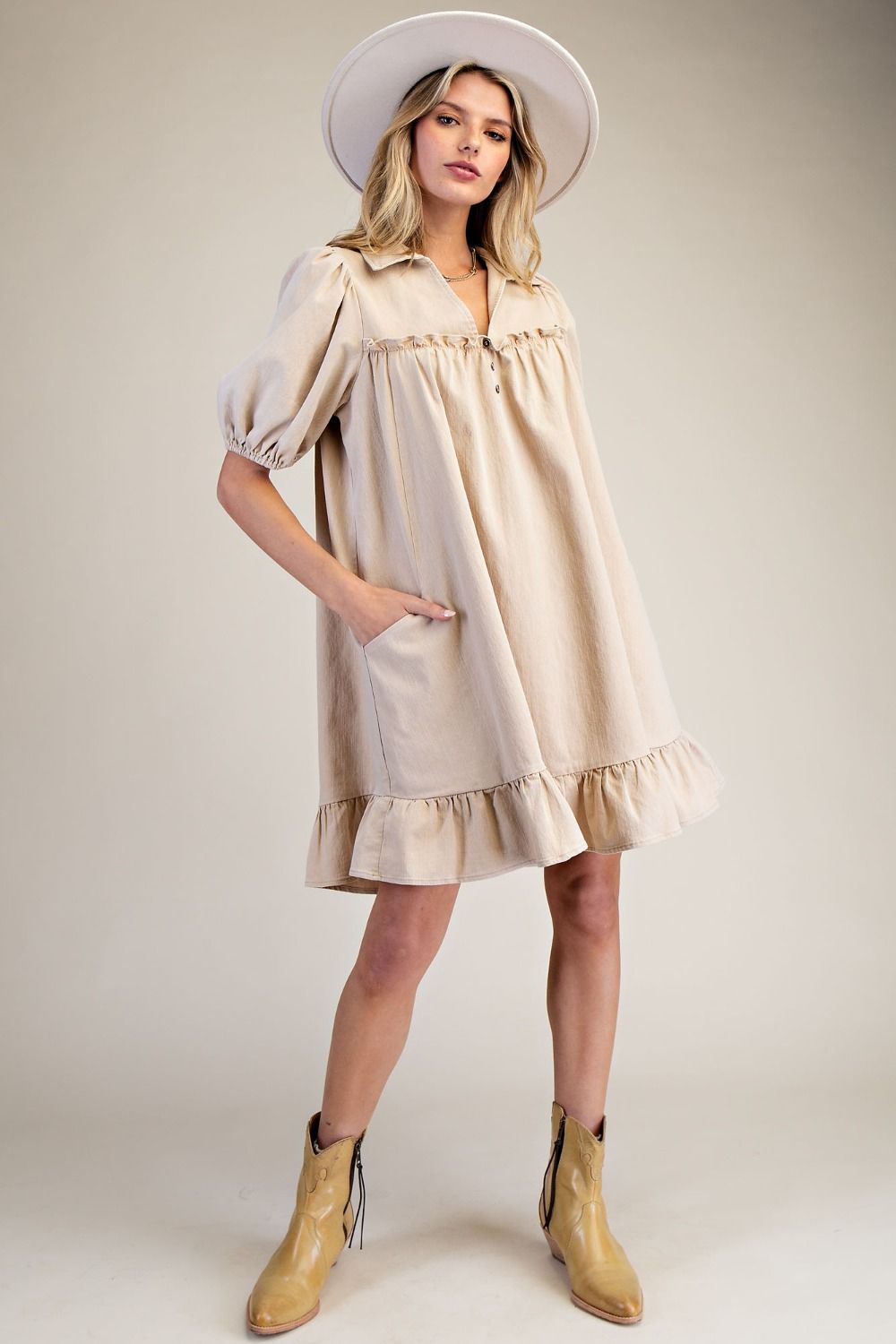 RUFFLE BOTTOM WASHED CHAMBRAY DRESS