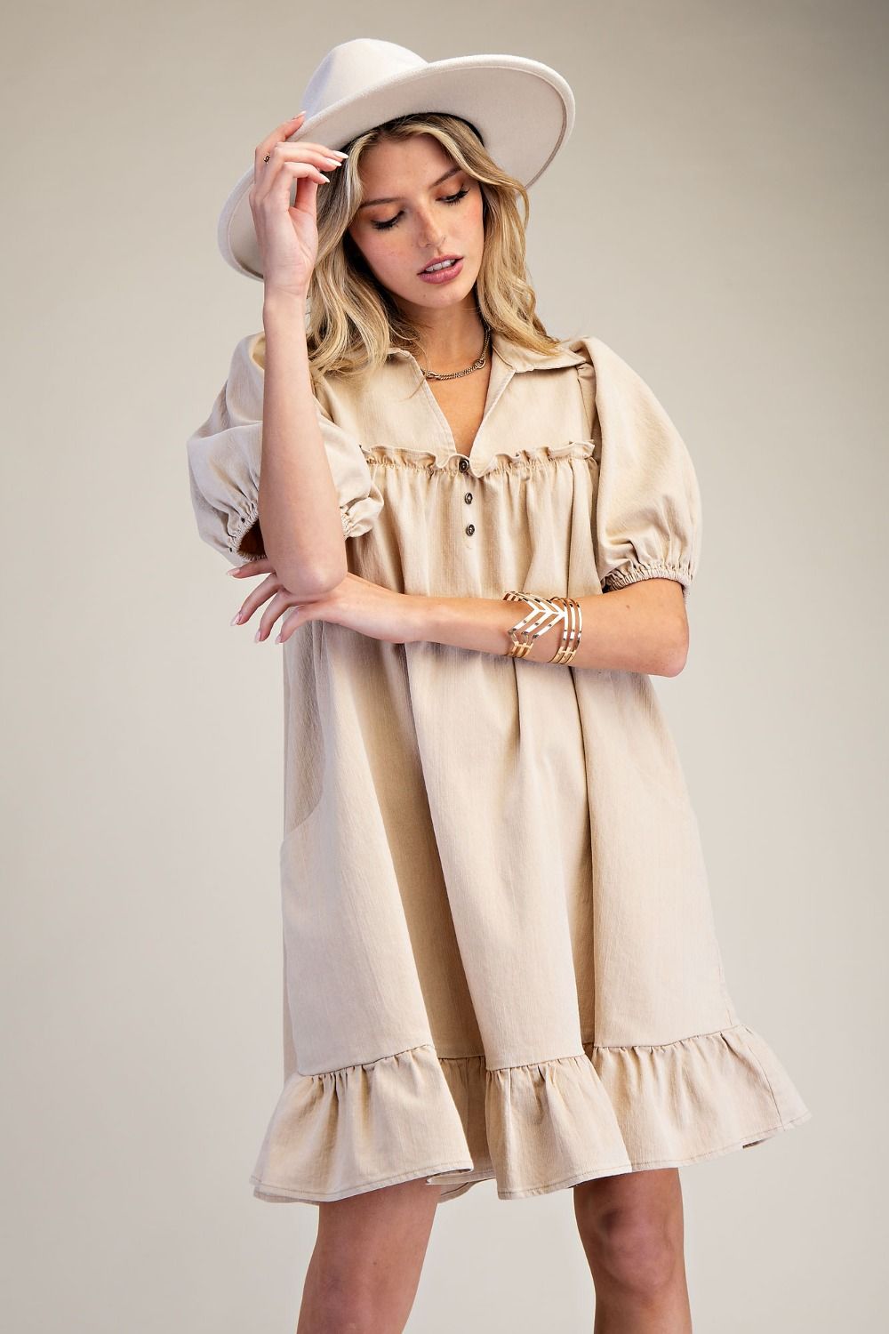 RUFFLE BOTTOM WASHED CHAMBRAY DRESS