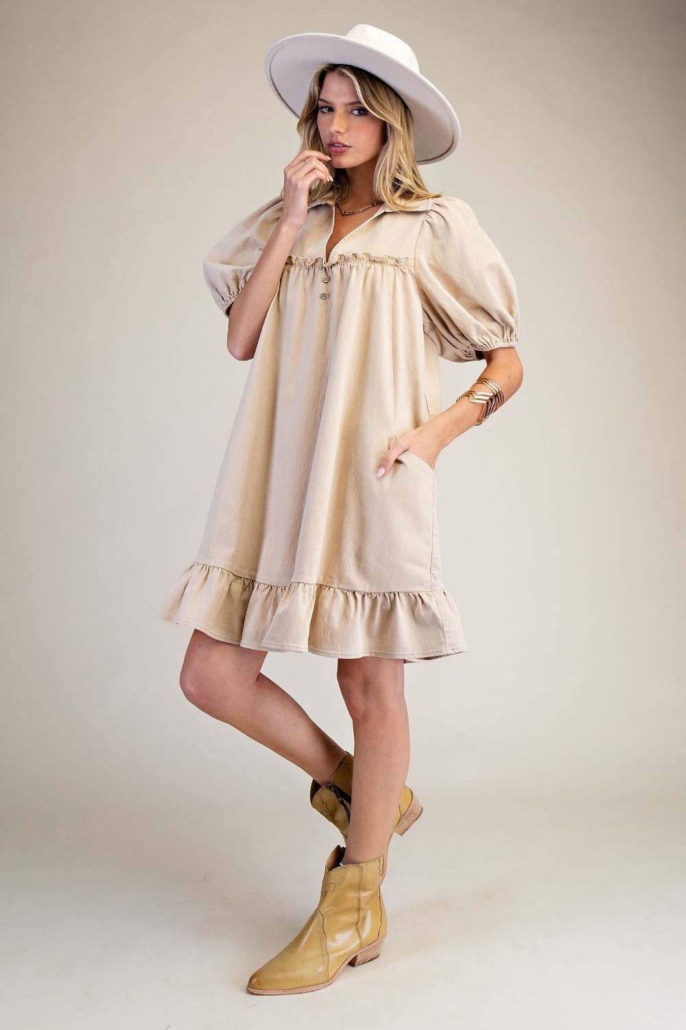 RUFFLE BOTTOM WASHED CHAMBRAY DRESS