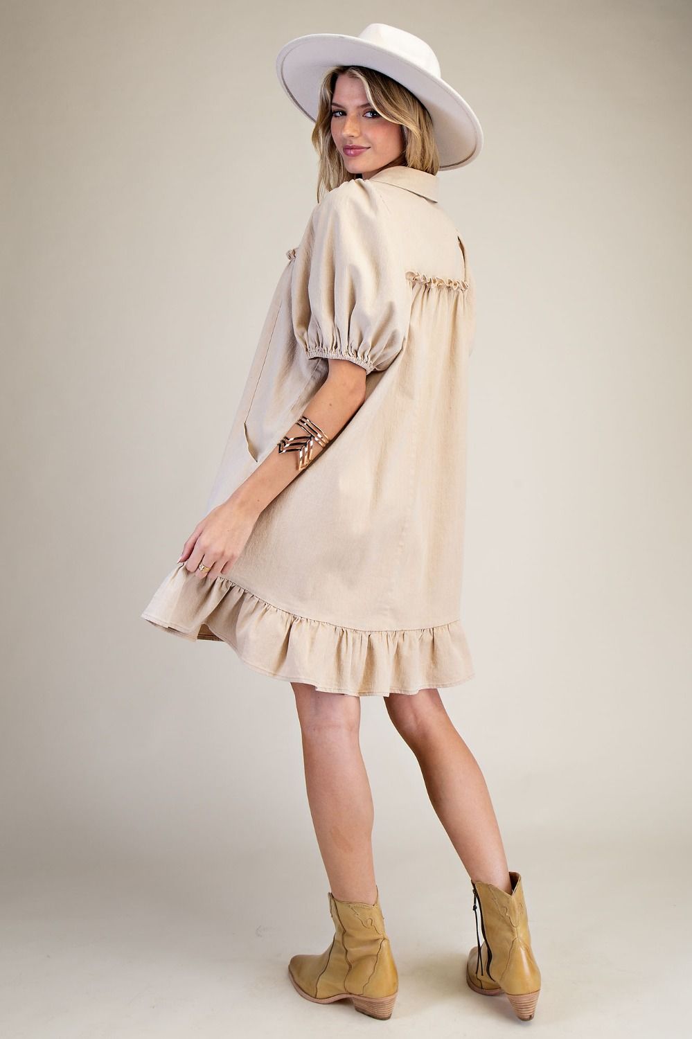 RUFFLE BOTTOM WASHED CHAMBRAY DRESS
