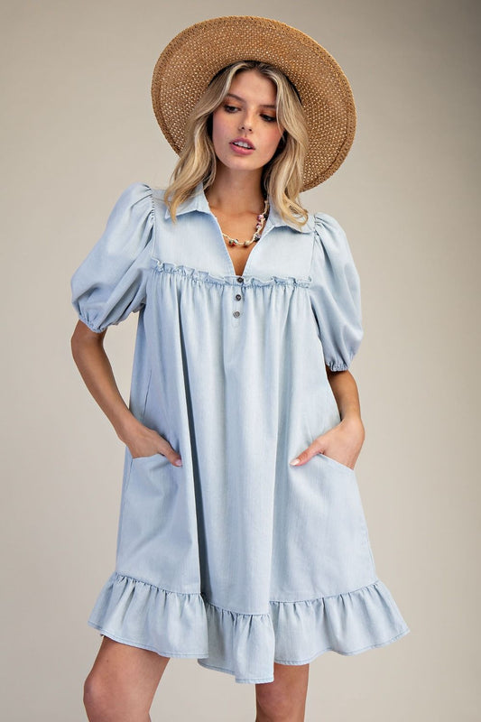 RUFFLE BOTTOM WASHED CHAMBRAY DRESS LT. DENIM