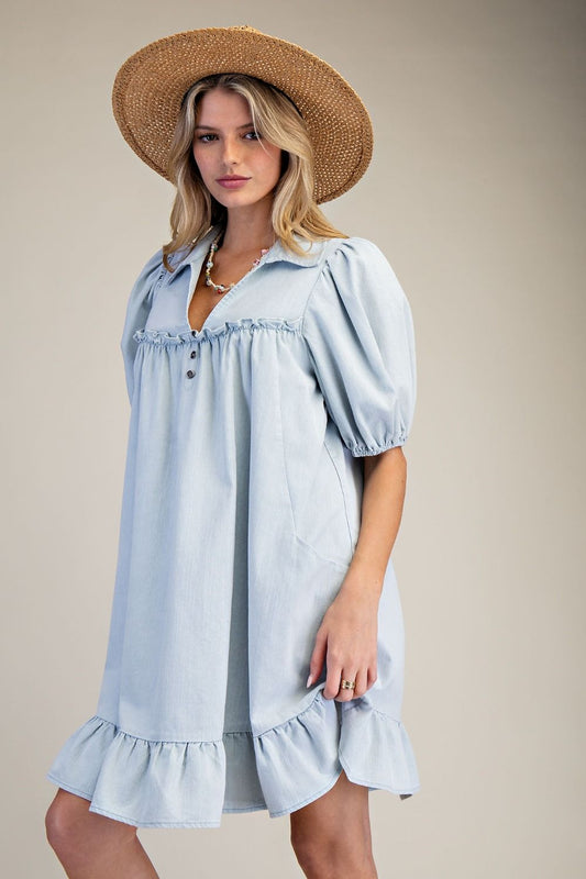 RUFFLE BOTTOM WASHED CHAMBRAY DRESS LT. DENIM