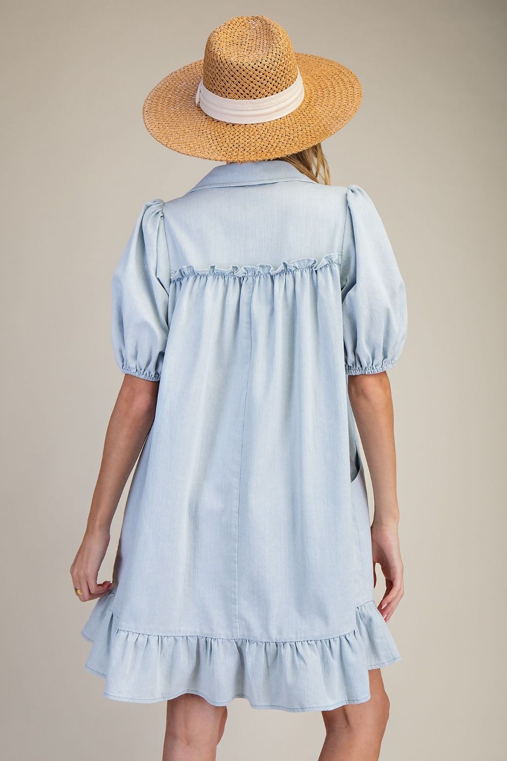RUFFLE BOTTOM WASHED CHAMBRAY DRESS LT. DENIM