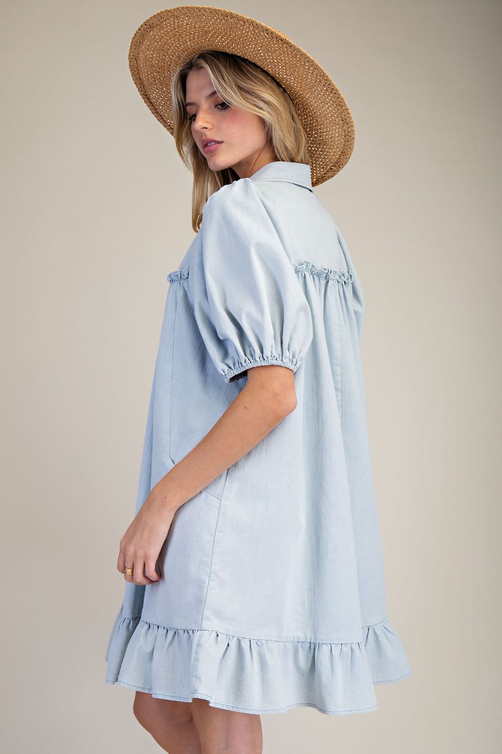 RUFFLE BOTTOM WASHED CHAMBRAY DRESS LT. DENIM