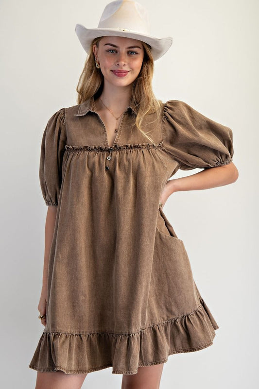 RUFFLE BOTTOM WASHED CHAMBRAY DRESS