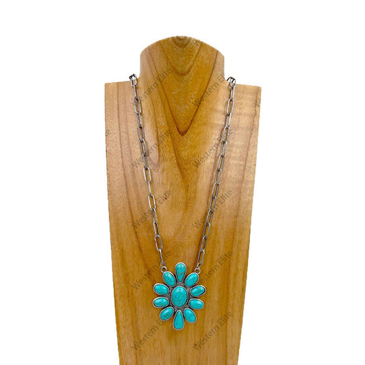 23 inches silver metal chain with large stone flower concho pendent Necklace