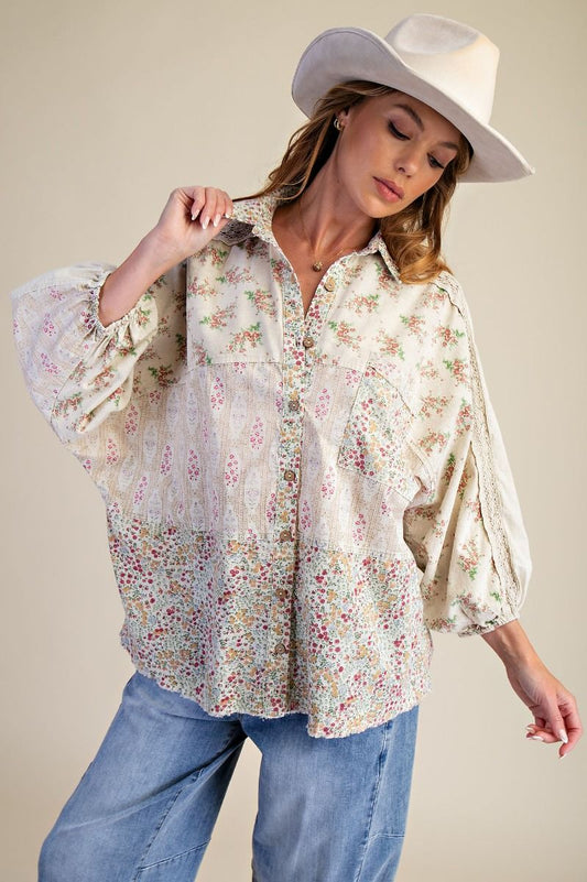 PRINT MIX WASHED BUTTON DOWN SHIRT