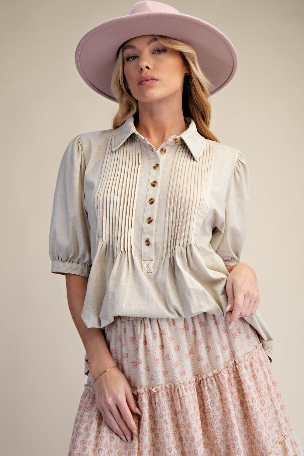 PINTUCKED WASHED COTTON SHIRT TOP