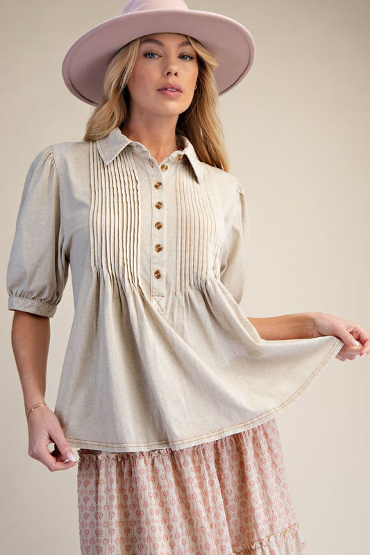 PINTUCKED WASHED COTTON SHIRT TOP