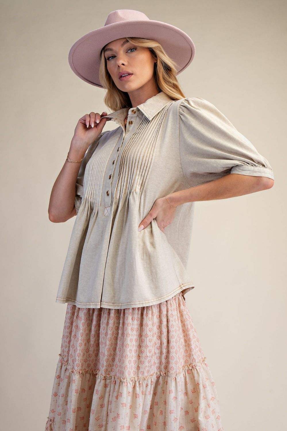 PINTUCKED WASHED COTTON SHIRT TOP