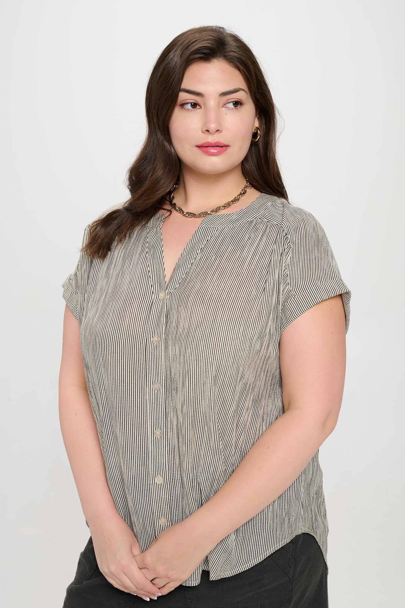 PLUS PINSTRIPE SHORT CUFF SLEEVE SHIRT IVORY