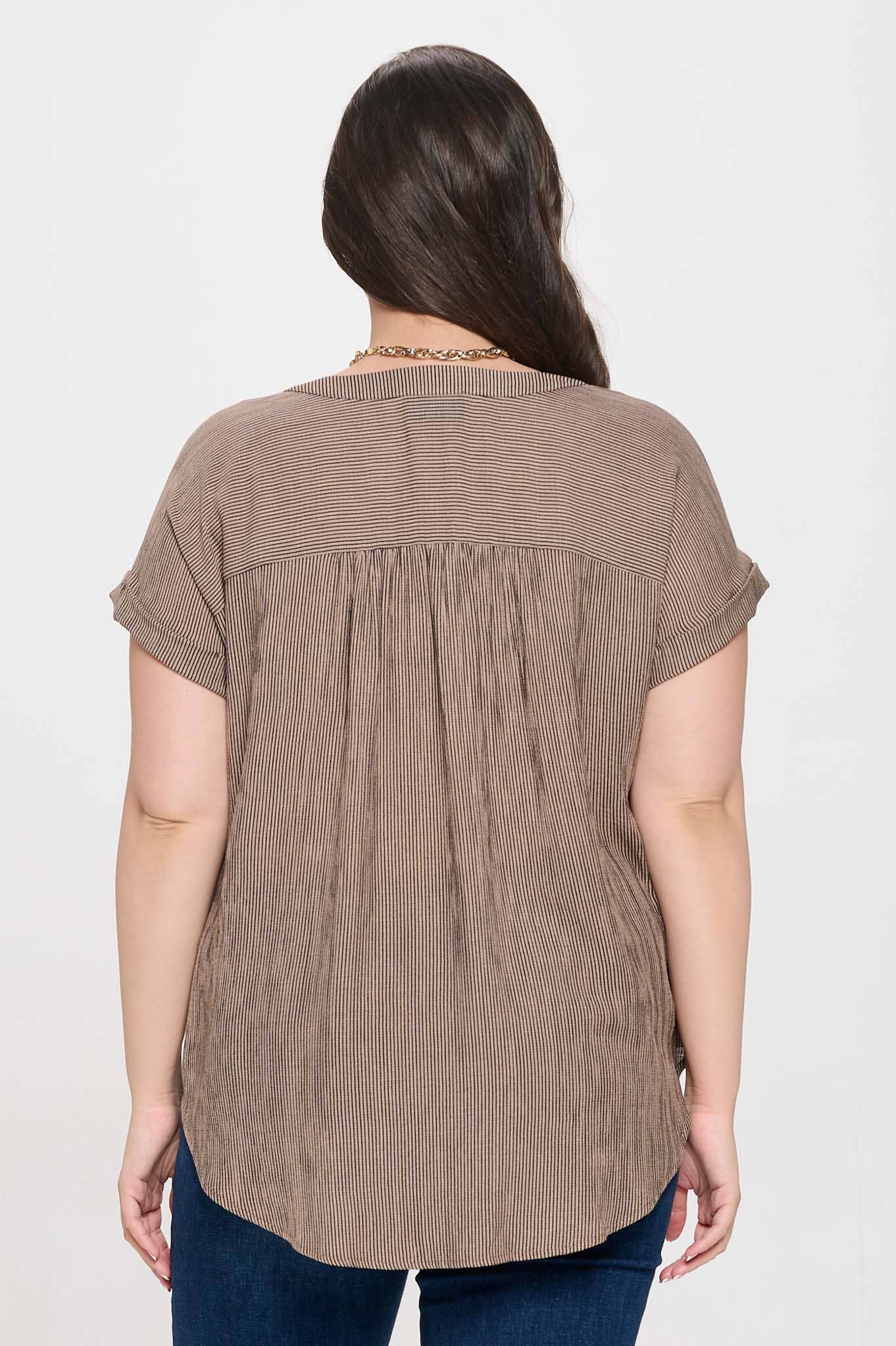 PLUS PINSTRIPE SHORT CUFF SLEEVE SHIRT BROWN