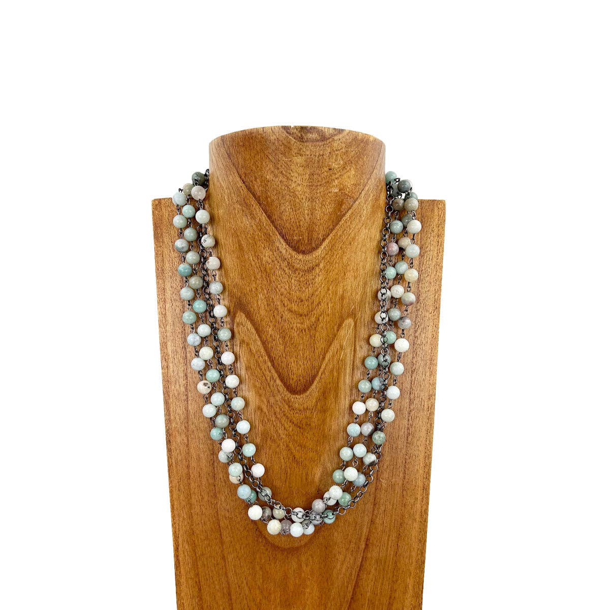 Jasper stone beads with silver color metal chain Necklace - 23 Inches 3 layers 8mm