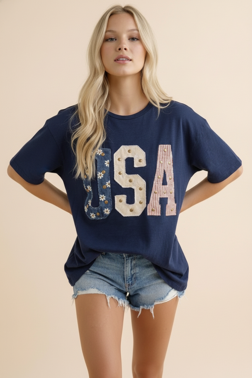 Mixed-Media Studded USA Graphic Tee