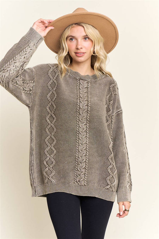 COFFEE VINTAGE WASH CABLE KNIT PULLOVER SWEATER