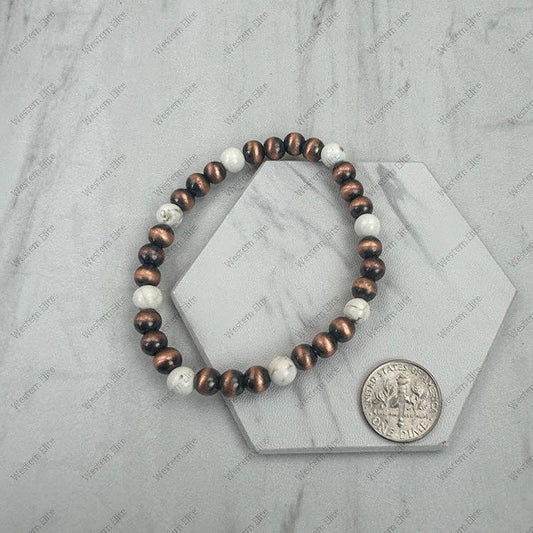 6 mm copper Navajo pearl with white turquoise stone beads stretch Bracelet