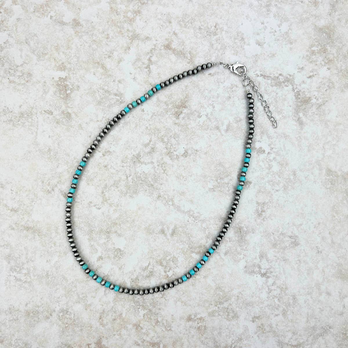 Blue turquoise stone with silver  Navajo pearl bead Necklace 16 inches 4mm
