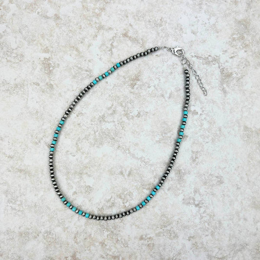 Blue turquoise stone with silver  Navajo pearl bead Necklace 16 inches 4mm
