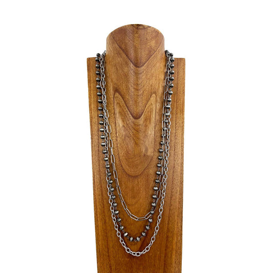 Silver 3 layers metal chain with Navajo pearl necklace