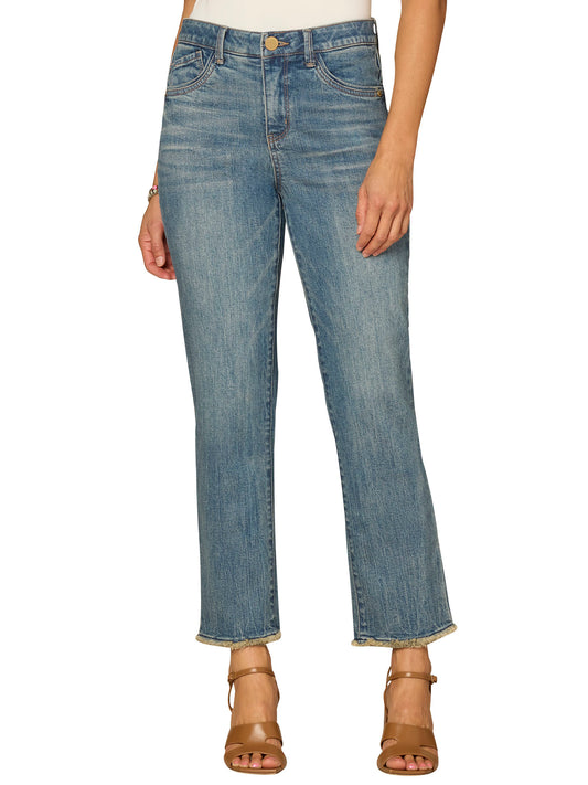 "AB"SOLUTION HIGH RISE SLIM STRAIGHT W/ CASCADING-D & CLEAN FINISH FRAY