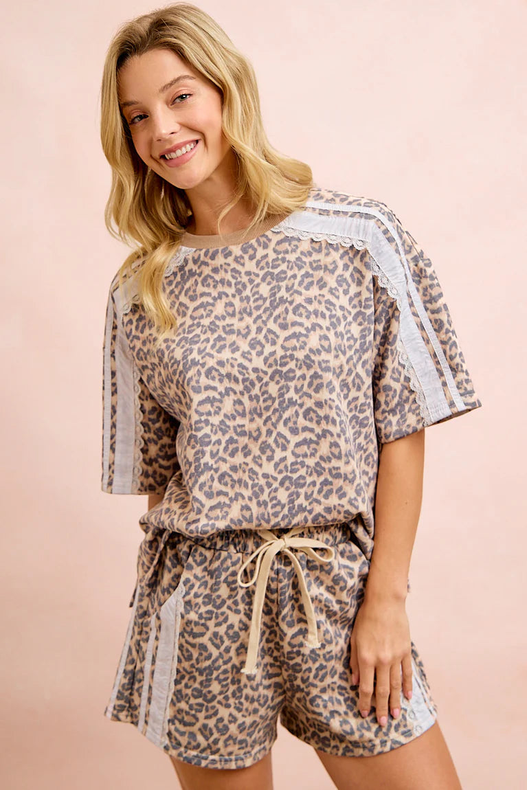 LEOPARD TERRY SIDE DETAIL TOP & SHORTS SET