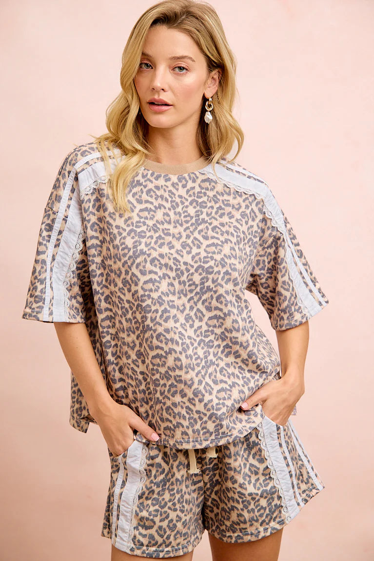 LEOPARD TERRY SIDE DETAIL TOP & SHORTS SET