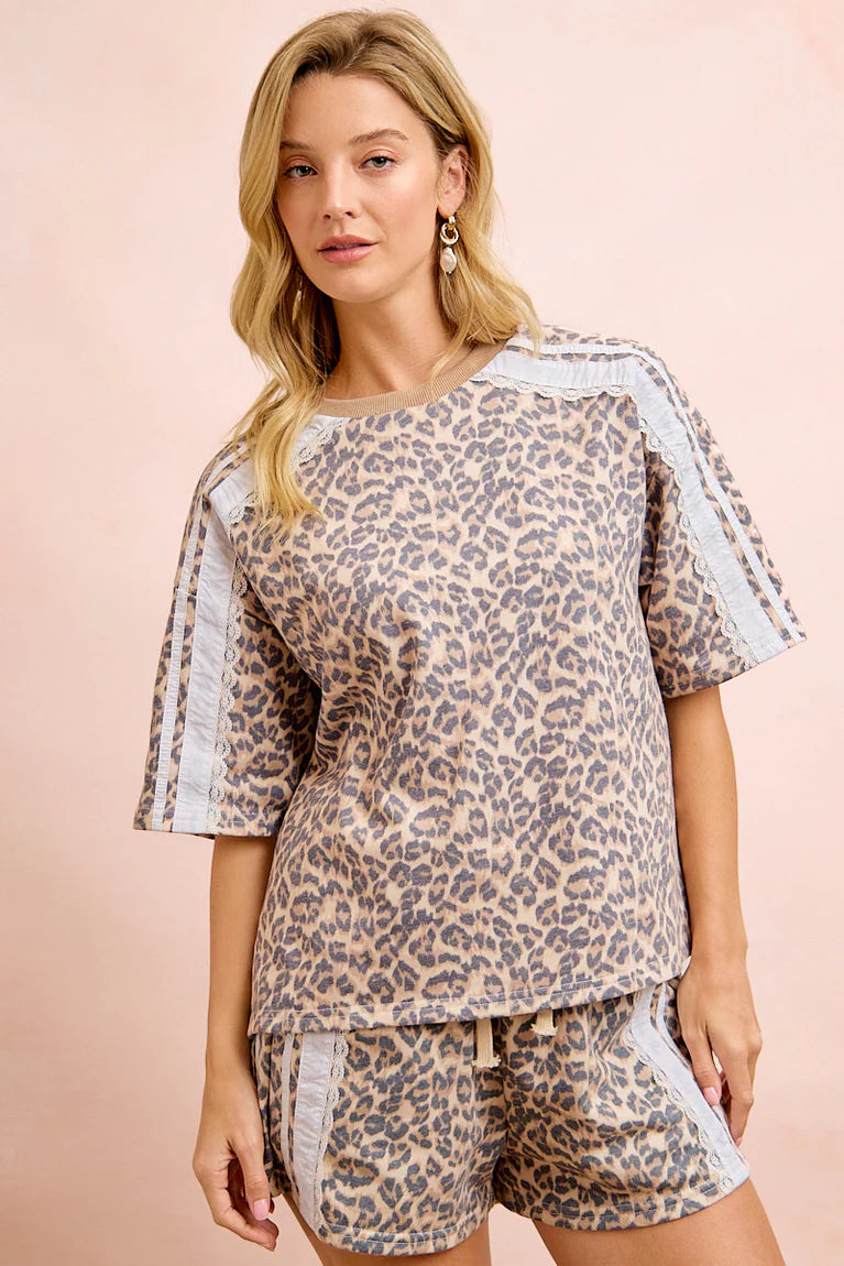 LEOPARD TERRY SIDE DETAIL TOP & SHORTS SET