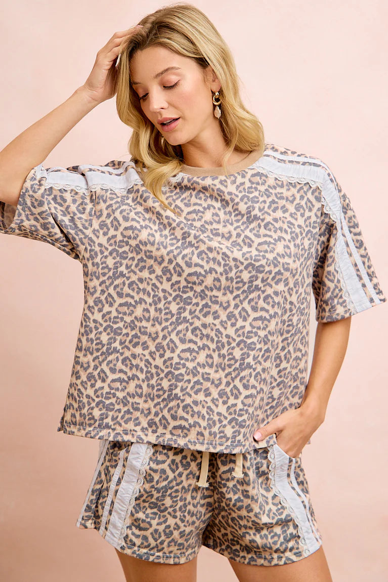 LEOPARD TERRY SIDE DETAIL TOP & SHORTS SET